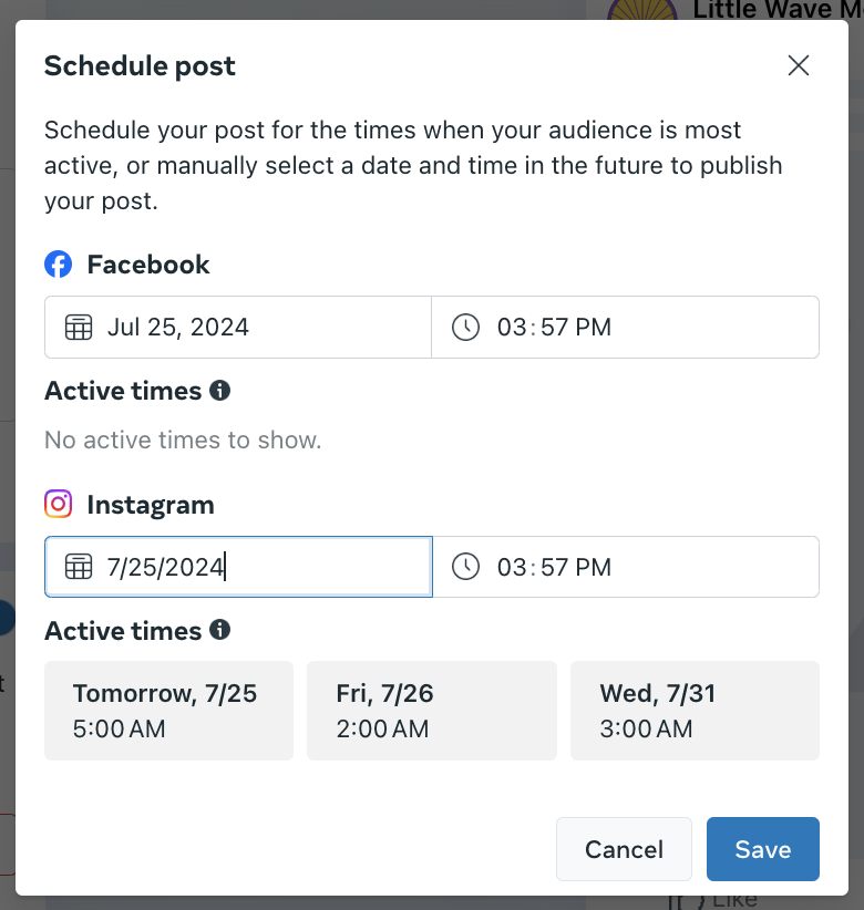 A Screenshot of active times to post when scheduling posts on Meta